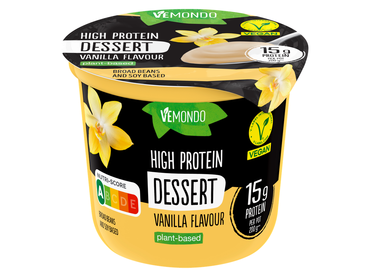 Vemondo plantaardig vanille dessert met 15g proteïne, gemaakt van tuinbonen en soja.