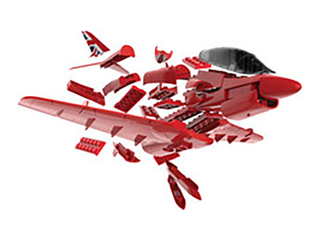 A red British Hawk T1 jet plane explodes into LEGO-like pieces.