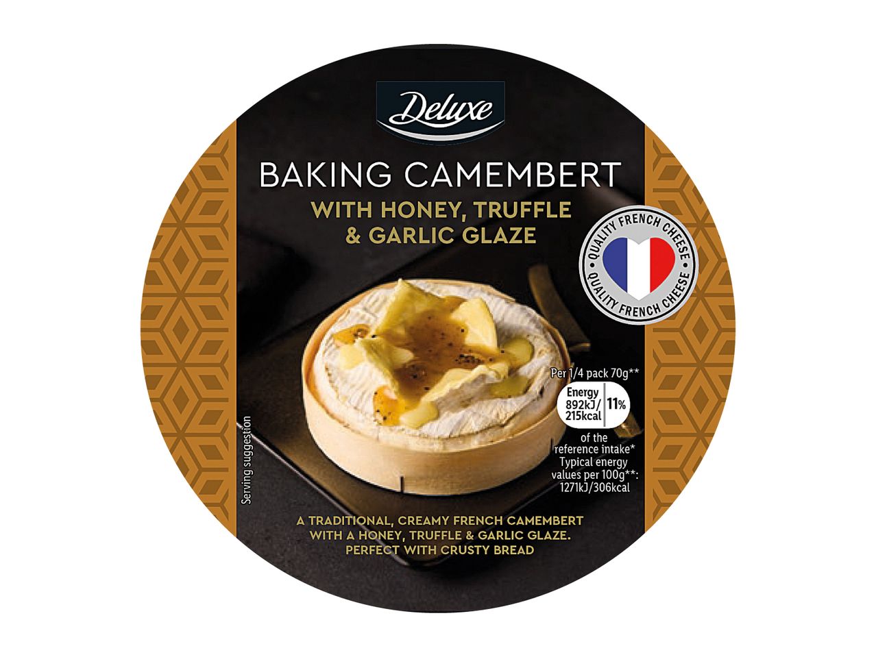 Deluxe Baking Camembert with honey, truffle & garlic glaze, with nutritional information.