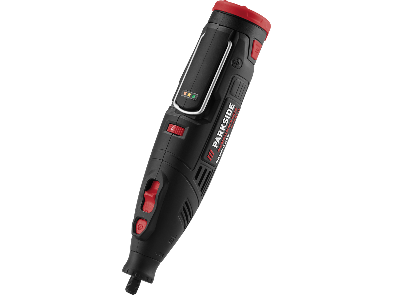 Perceuse-ponceuse fine Parkside Performance® avec accents rouges et indicateur de batterie