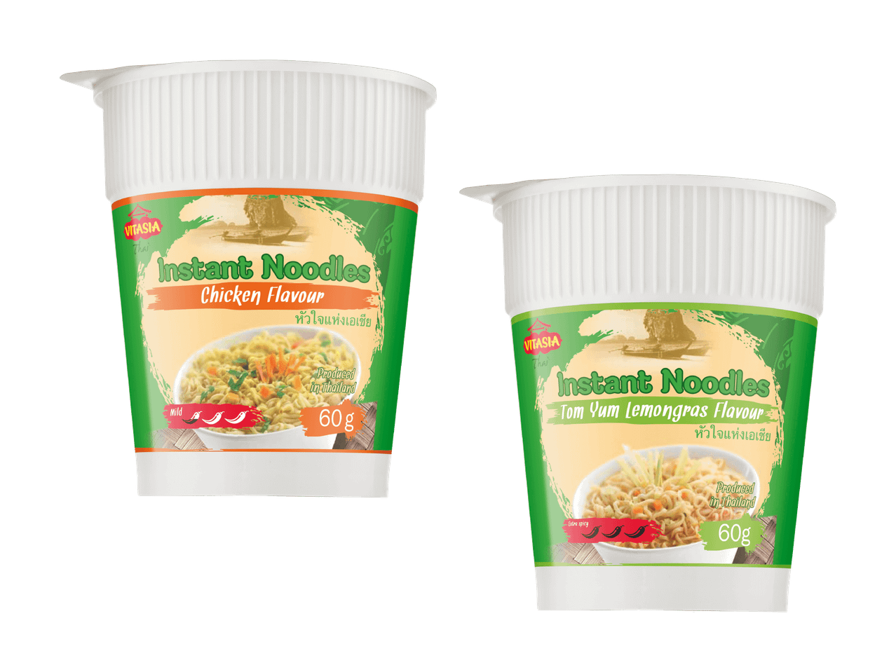 Zwei Becher Instantnudeln, eine milde Hühnergeschmacksrichtung und eine extra scharfe Tom Yum Zitronengrasgeschmacksrichtung.