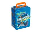 Blue metal lunchbox with an orange handle, featuring race cars and the text 'CHALLENGE YOUR LIMITS'