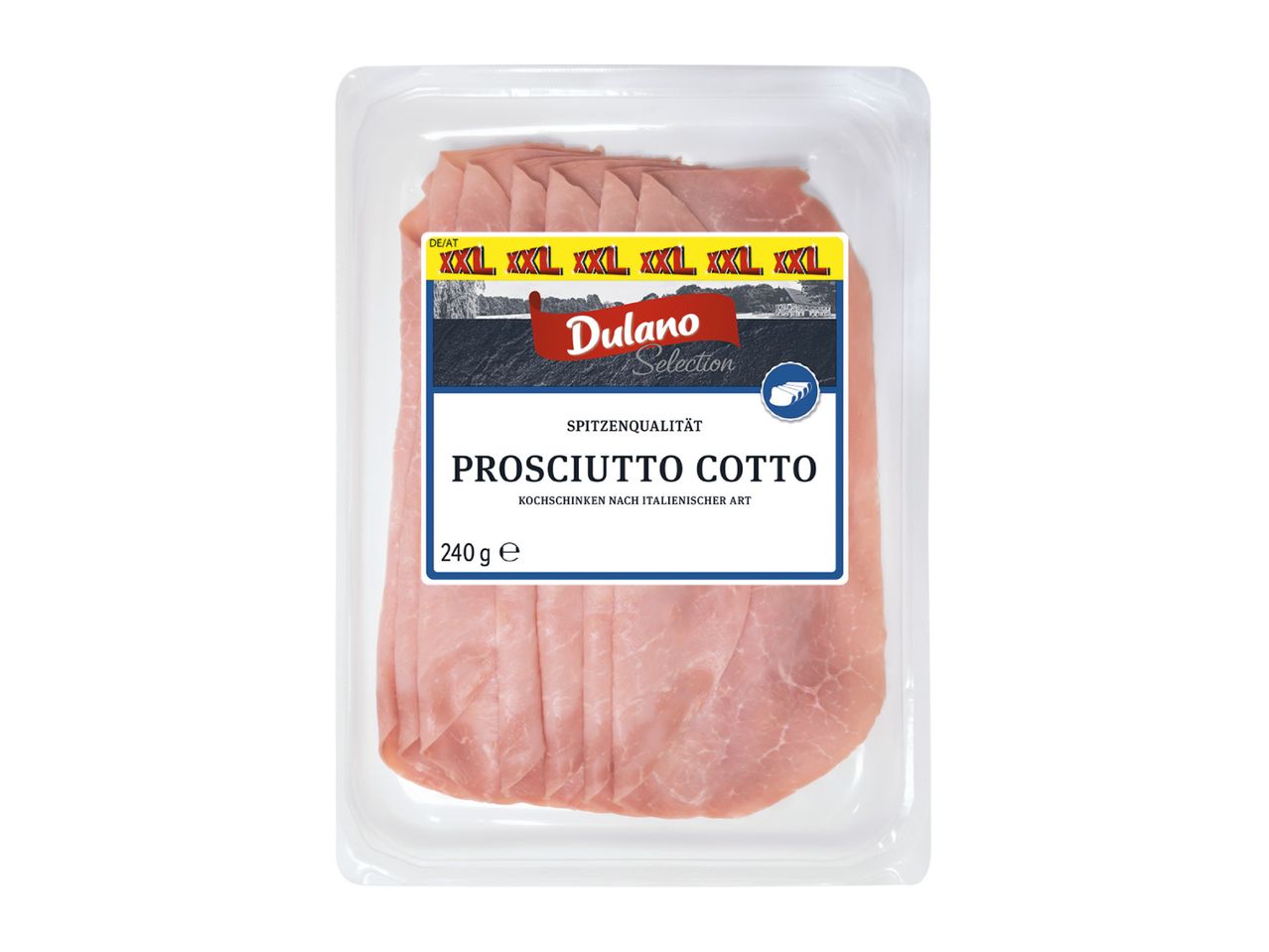 Pack of sliced cooked ham (Prosciutto Cotto) in XXL size, 240g.