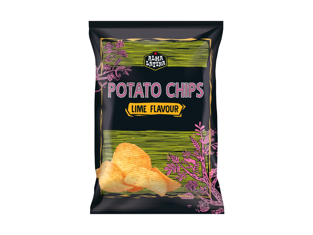 Black potato chips bag with lime flavor, featuring pink floral and animal patterns.