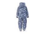 Kids' blue waterproof overall with a playful vehicle pattern and reflective details.