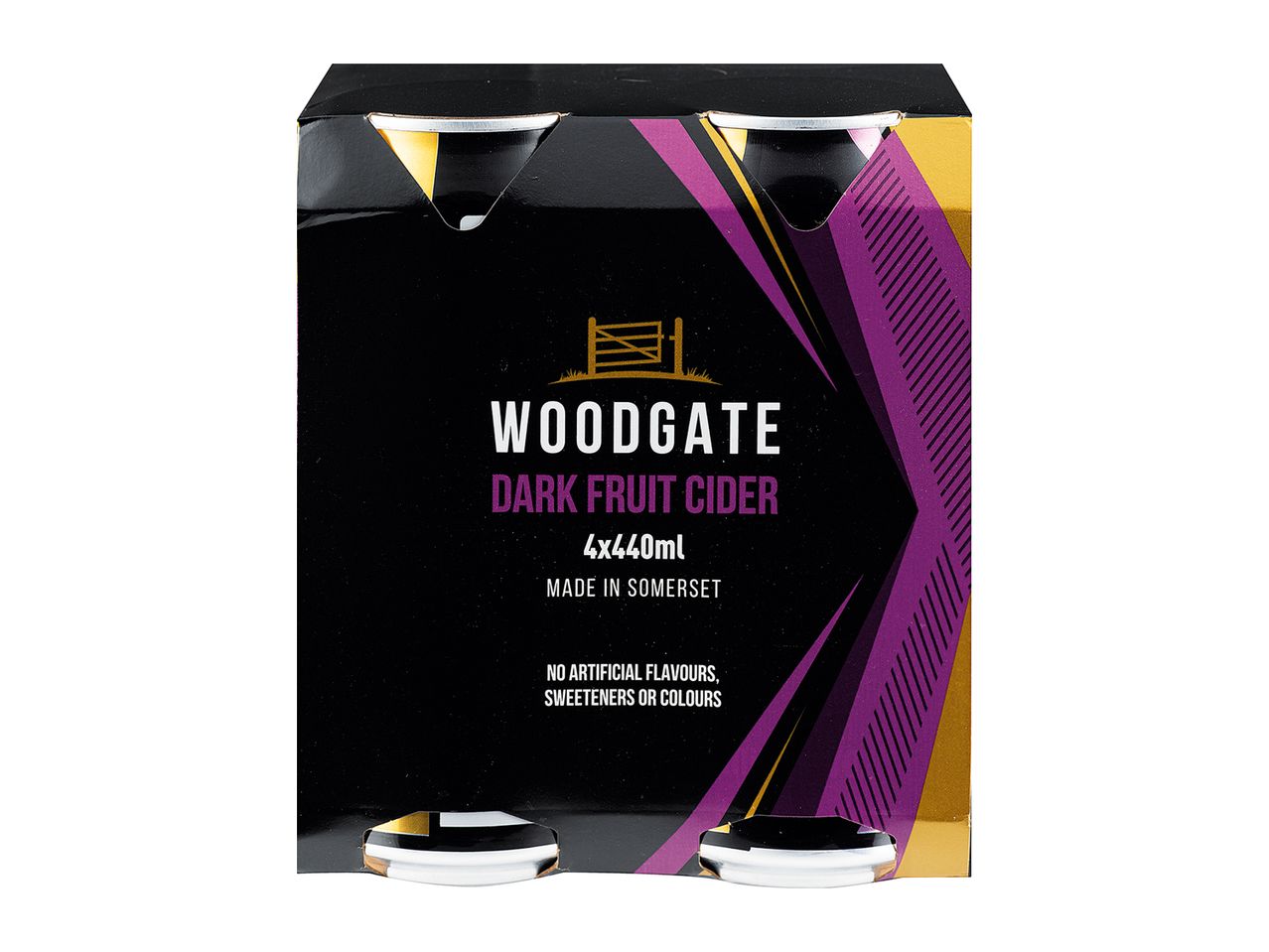 Four cans of Woodgate dark fruit cider.