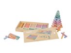 Wooden counting sticks in pastel colors, with a storage box and a board showing math examples.