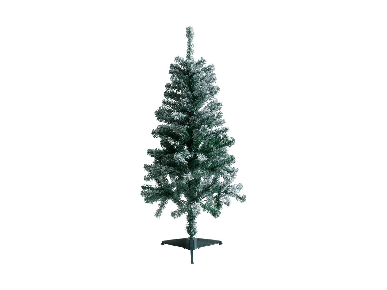Flocked artificial Christmas tree with a dark green base and white frosted branches.