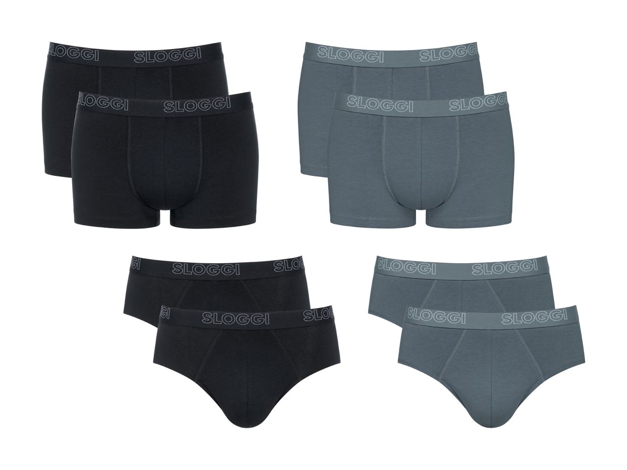 Sæt med herreundertøj: boxershorts og trusser i sort og grå.