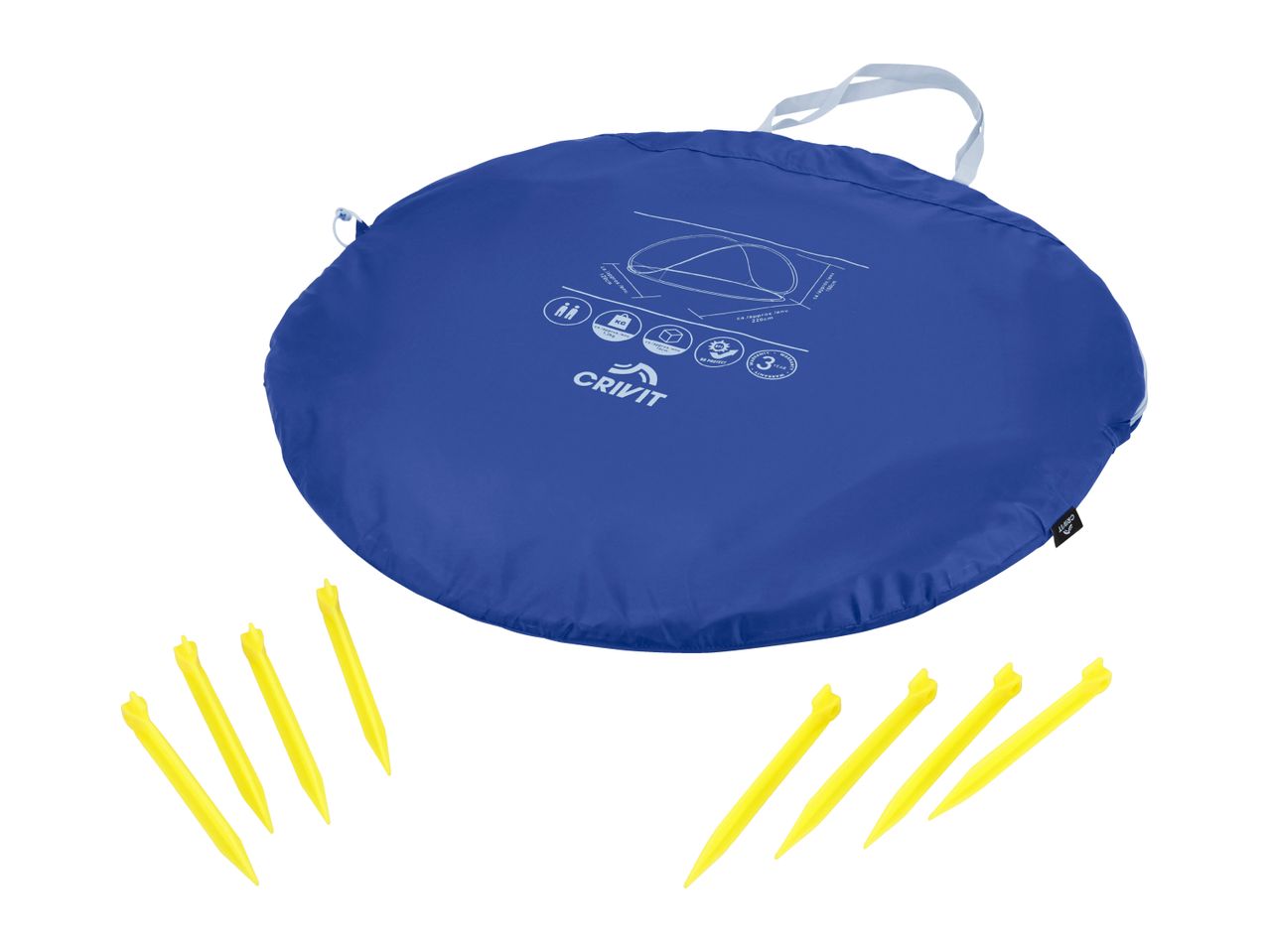 A blue pop-up tent in its circular carry bag with yellow tent pegs, showing dimensions and features.
