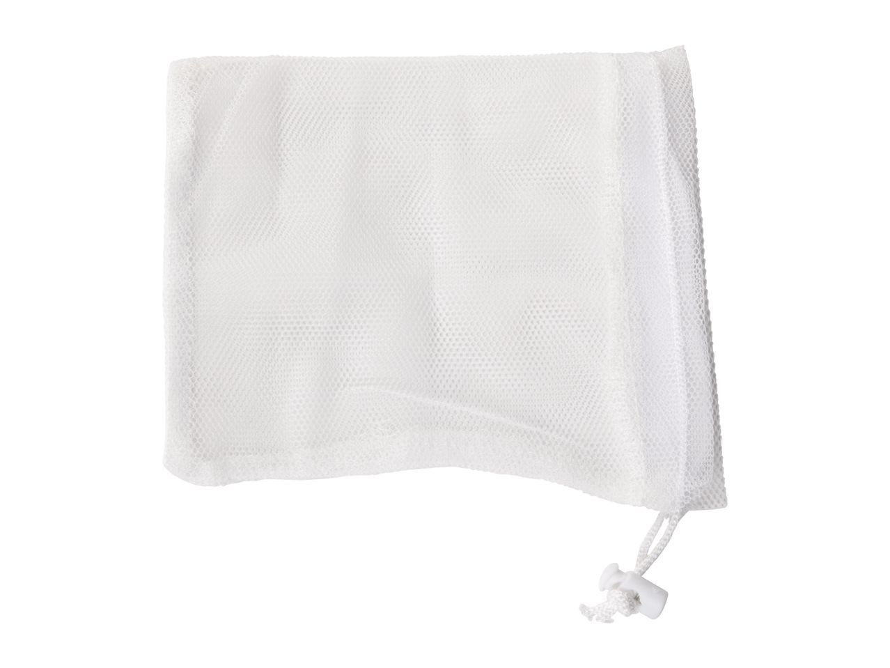 White mesh laundry bag with a drawstring closure