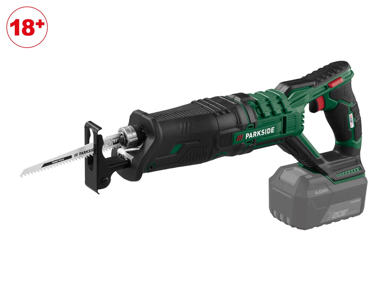 Cordless reciprocating saw with a battery and a wood cutting blade.