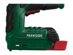 Green and black electric stapler with red accents