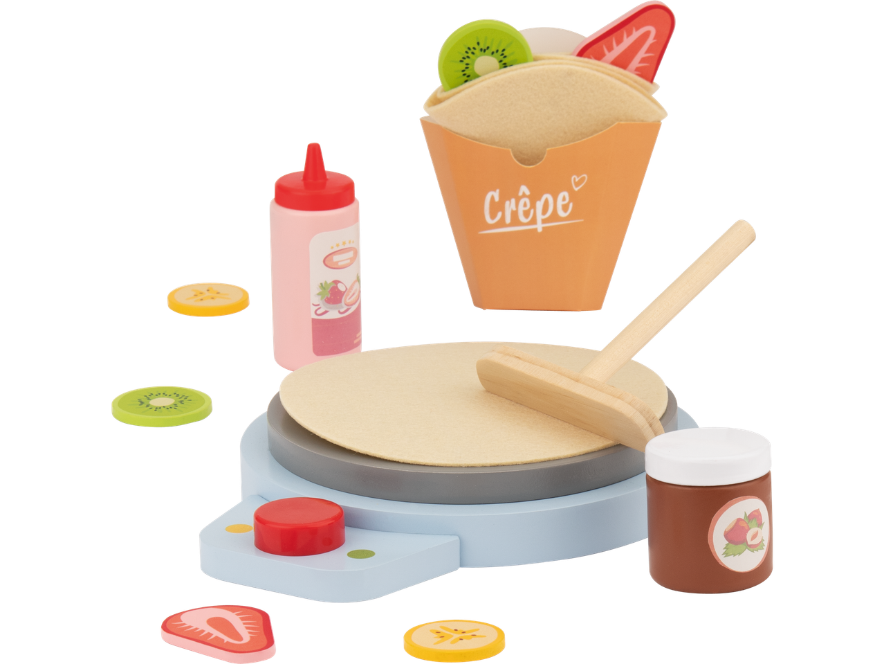 Puidust kreppide valmistamise komplekt puuviljade ja kastmetega.