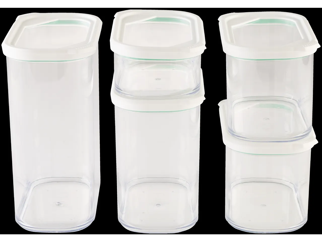 A set of clear plastic storage containers with white lids, ideal for organizing food.