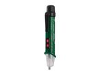 A green and black non-contact voltage tester with red buttons and a clear tip.