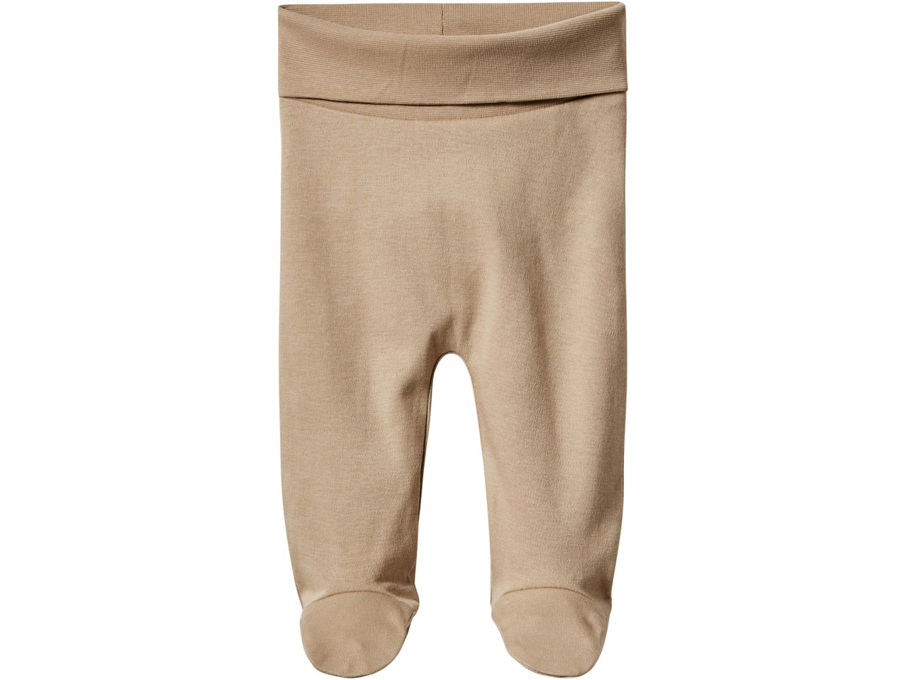 Pantaloncini beige per neonati con risvolto in vita e piedini.