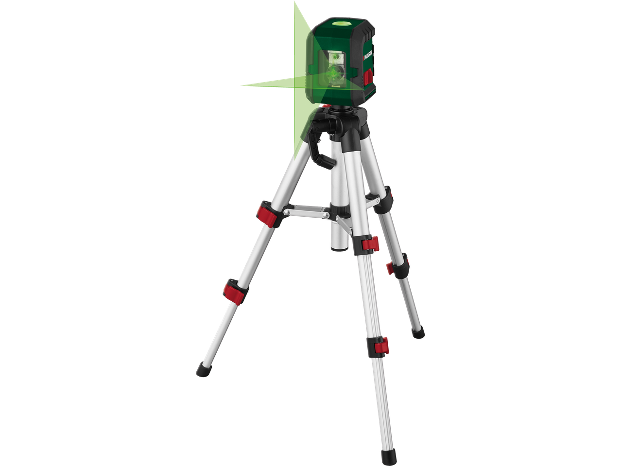Nível a laser verde Parkside em tripé, emitindo raios laser verdes.