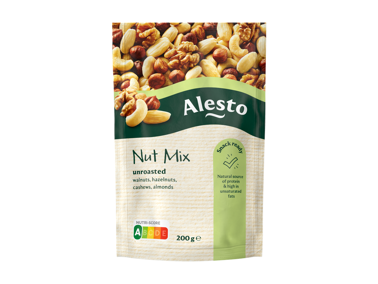 Alesto ongeroosterde notenmix (walnoten, hazelnoten, cashewnoten, amandelen) van 200g.