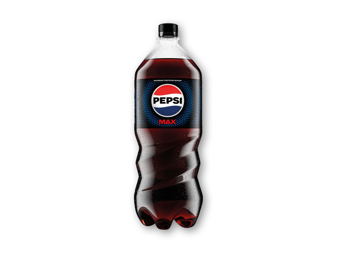 En stor flaske Pepsi Max med vanddråber på overfladen.