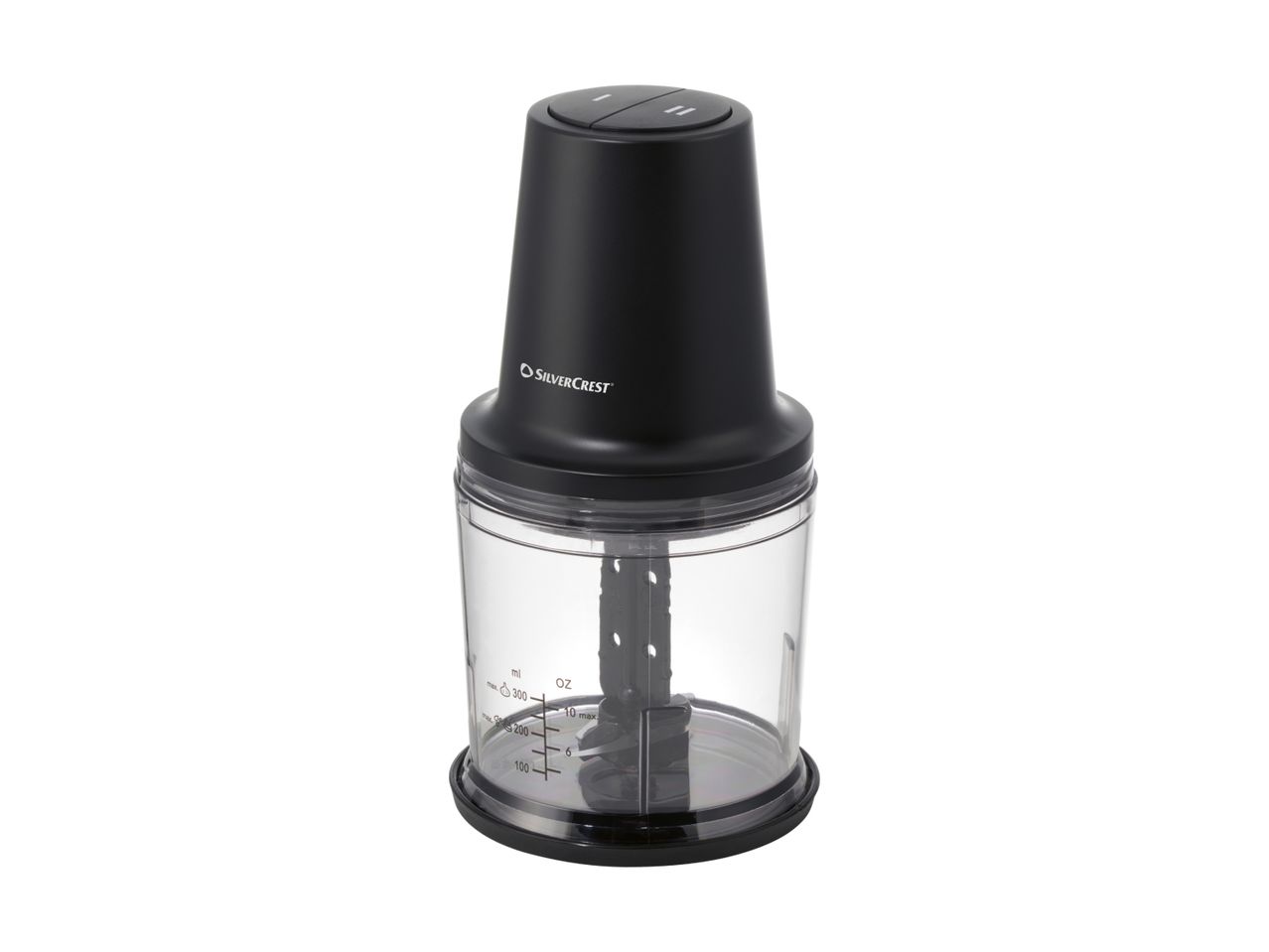 Black and clear food chopper with measurement markings on a white background.