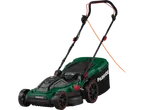 Parkside® electric lawnmower in green and black with red accents.