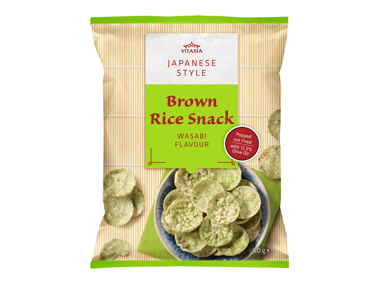 Wasabin makuinen ruskea riisivälipala, 60 g.