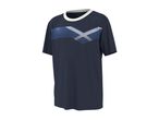 Navy blue t-shirt with a white and blue striped V-shaped pattern on the chest