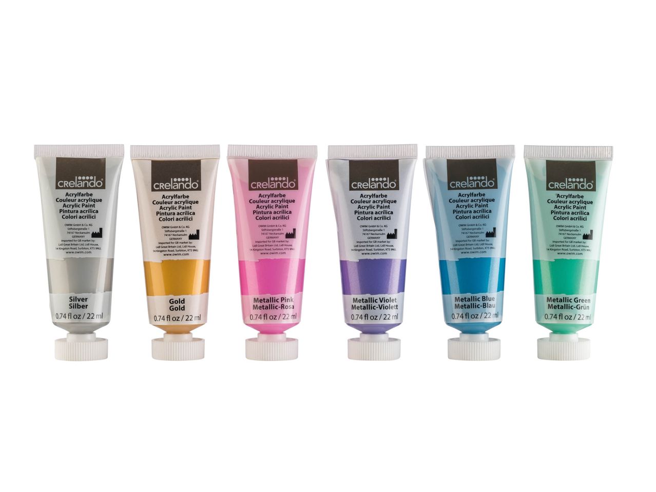 Six tubes of Crelado metallic acrylic paint in silver, gold, pink, violet, blue, and green.