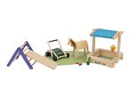 Wooden toy playground set with slide, lawnmower, horse, and sandbox with tools.