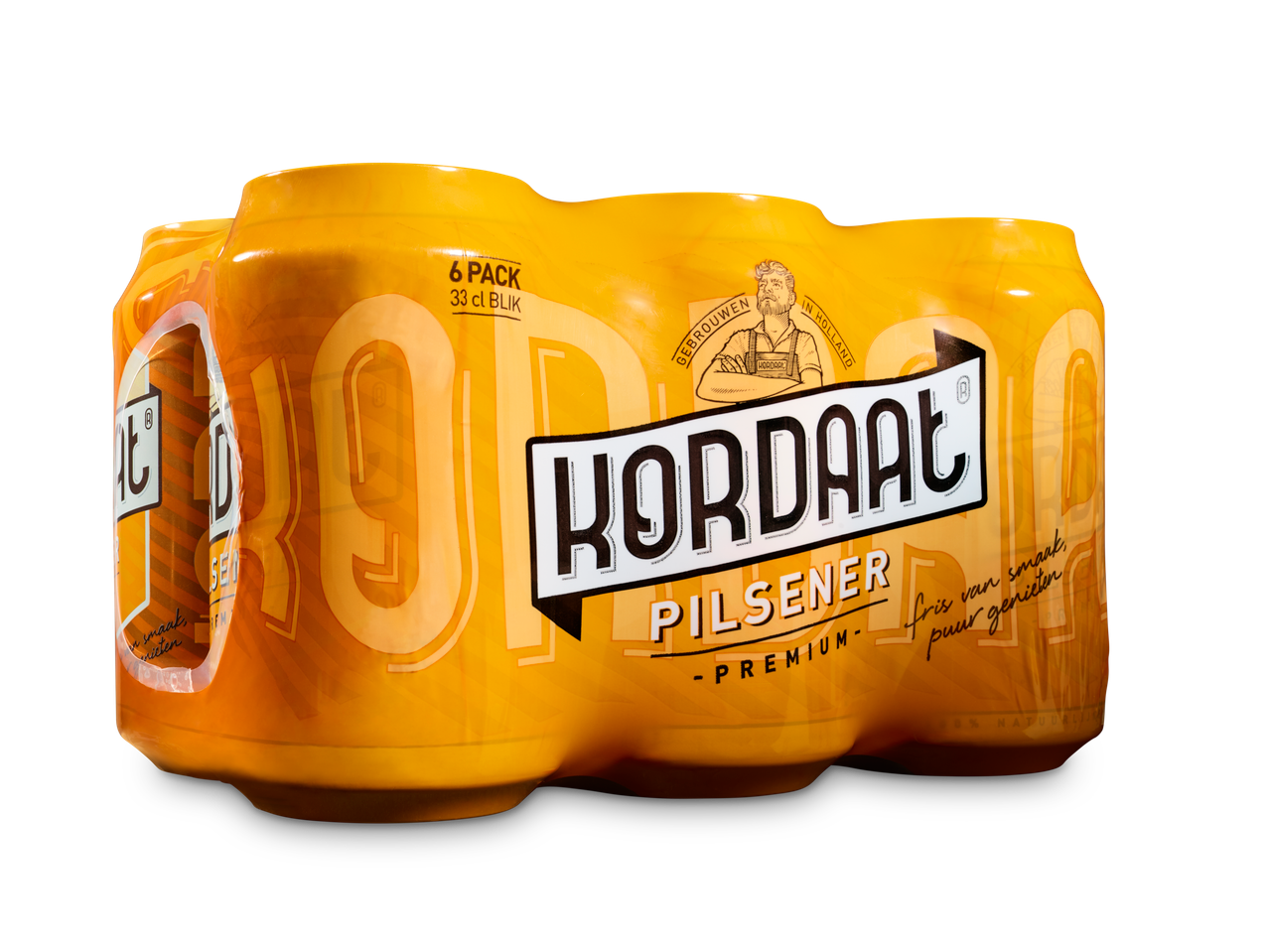 Kordaat Premium Pilsener 6-pack van 33cl blikjes, met een brouwersillustratie.