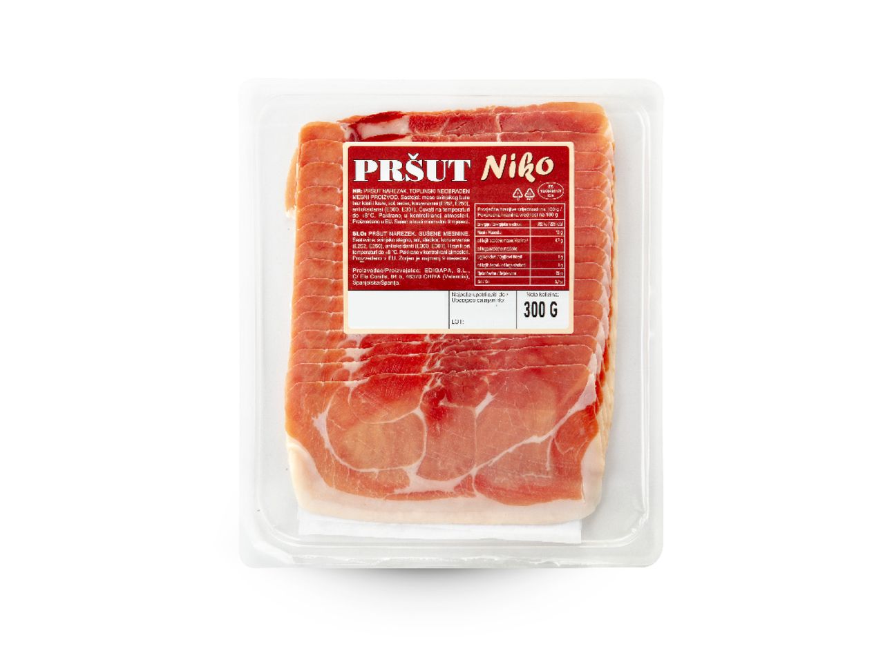 Pakiranje narezanog pršuta marke Niko, 300 g.