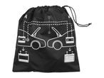 Black drawstring bag with white diagrams for jump-starting a car
