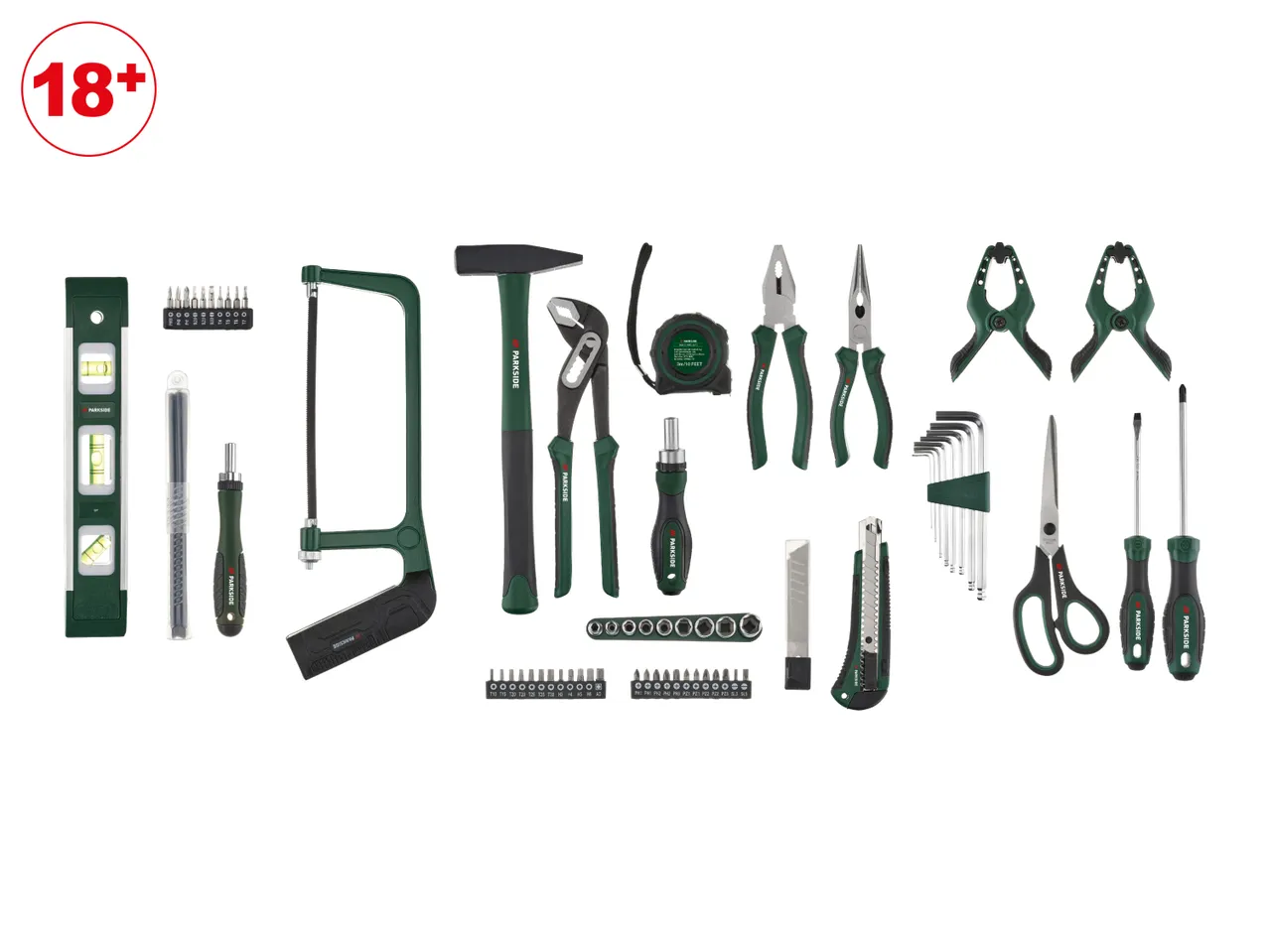 A large set of hand tools including screwdrivers, pliers, a hammer, a saw, and a measuring tape, with an '18+' age restriction.