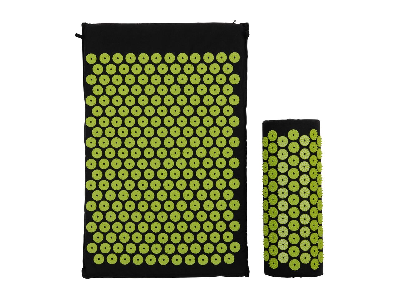 Two black and green acupressure mats, one flat and one rolled up.