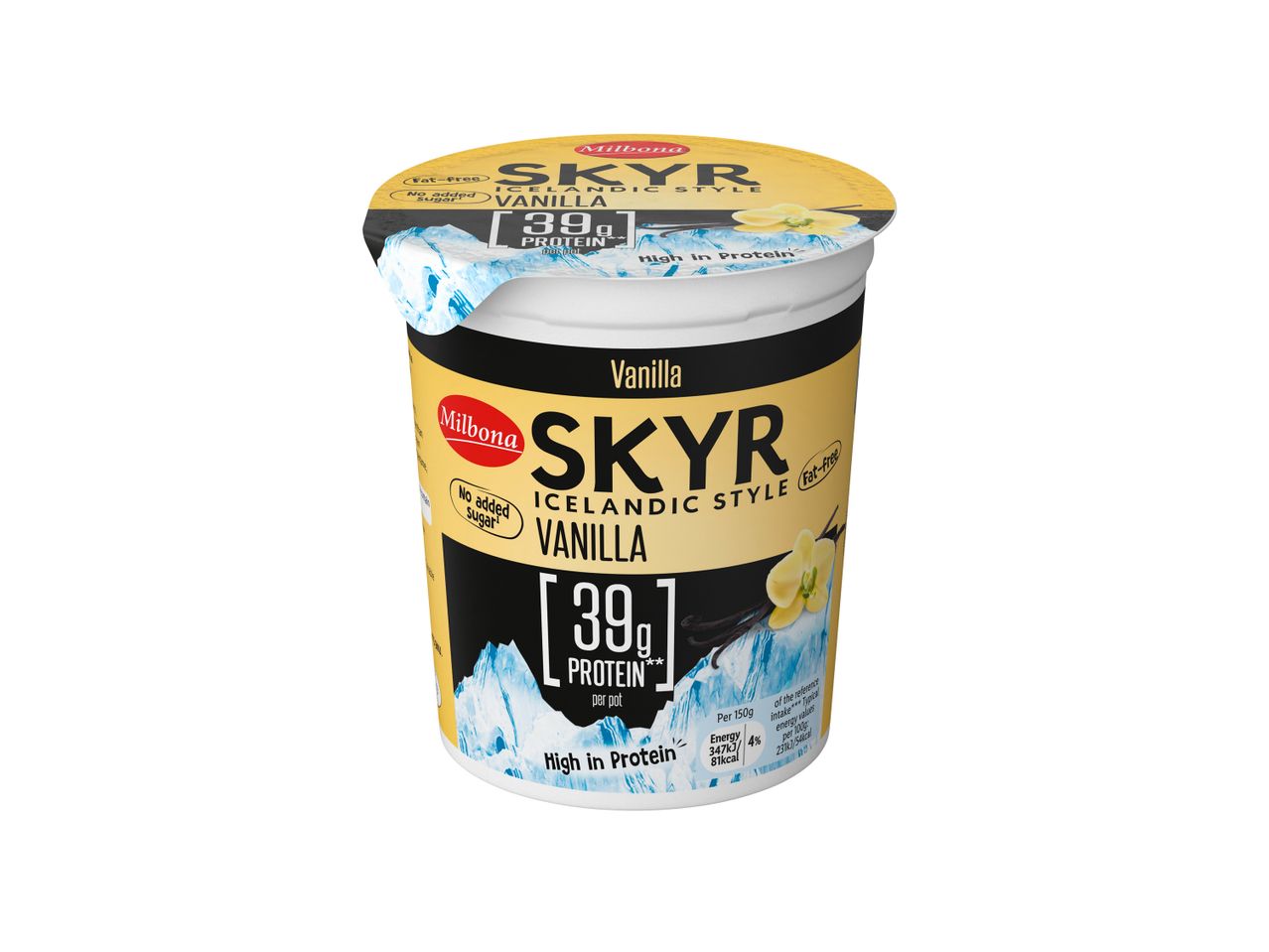 Milbona Skyr Icelandic Style Vanilla yogurt, high in protein and fat-free.