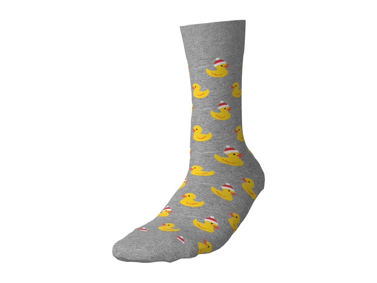 Grey sock with a pattern of yellow rubber ducks wearing Santa hats