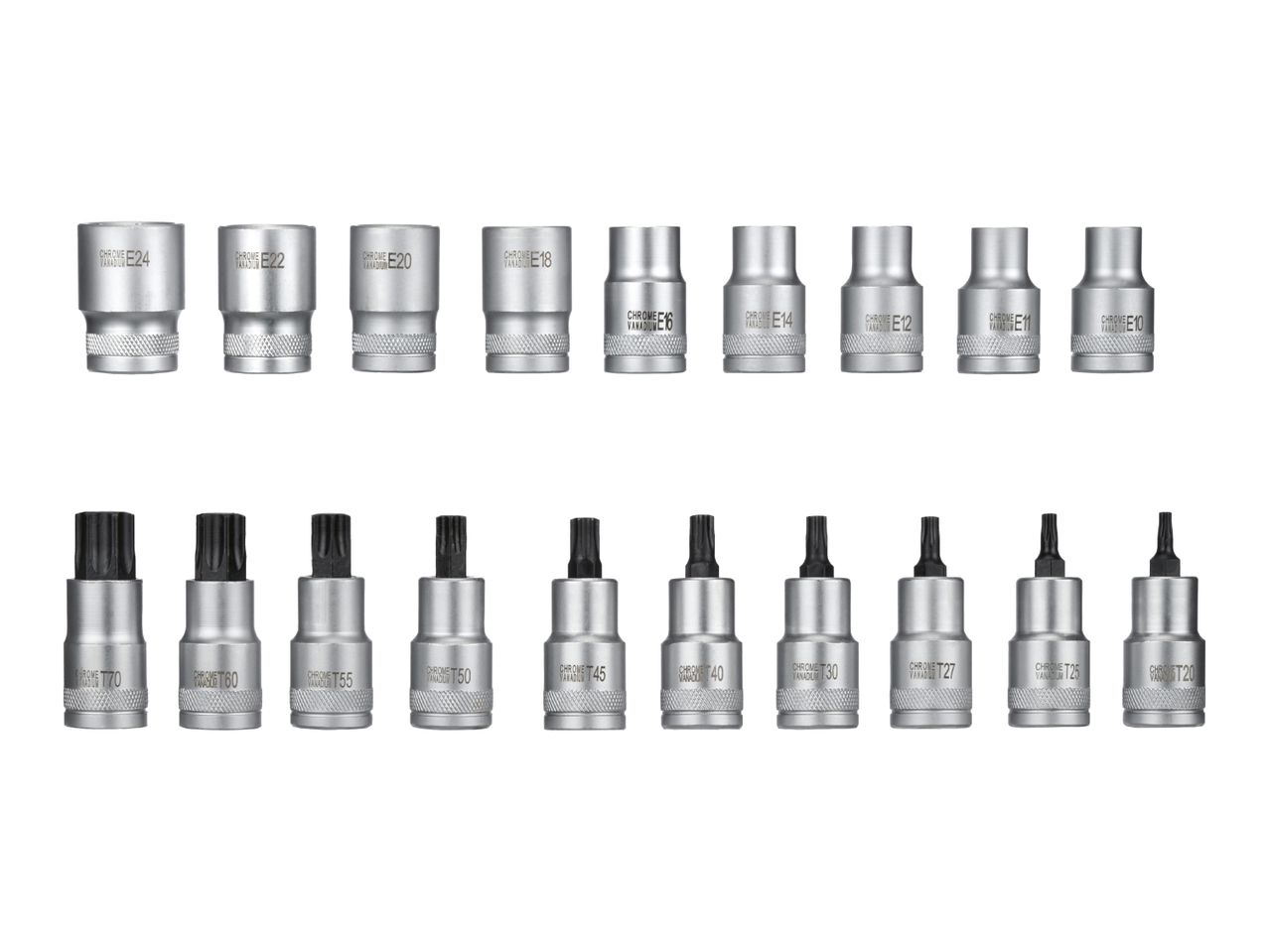 A collection of chrome vanadium E-Torx and Torx bit sockets of various sizes.