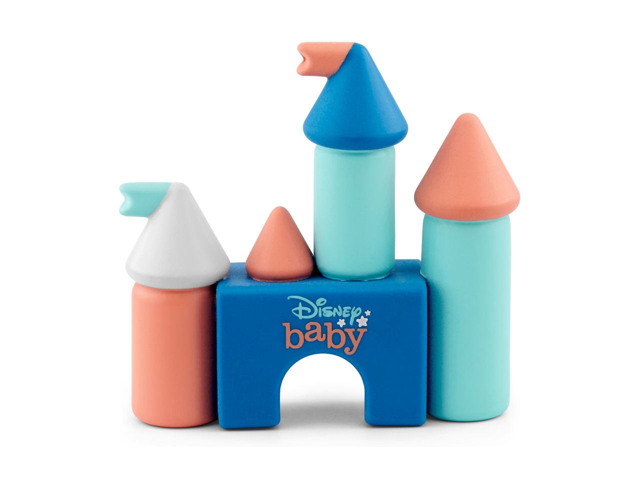 Colorful baby castle toy with cylindrical towers and conical roofs, featuring 'baby' text.