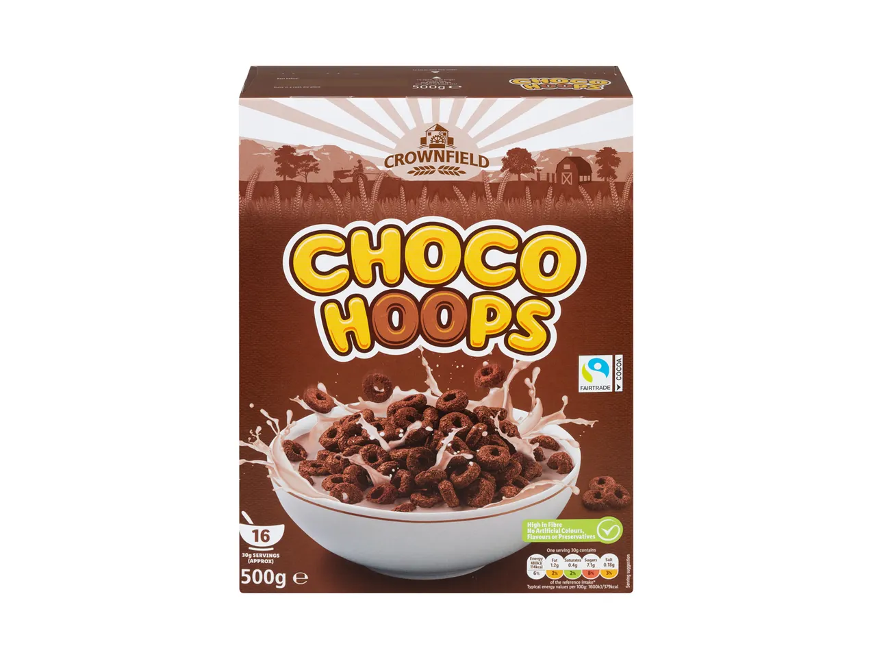 Crownfield Choco Hoops chocolate cereal: 500g, Fairtrade cocoa.