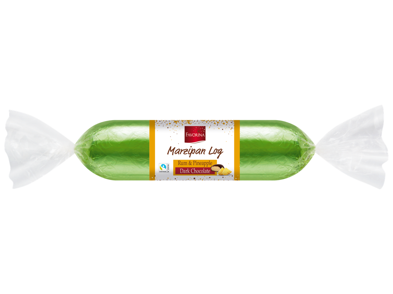 Žalias marcipano batonėlis su Favorina etikete, romo, ananasų ir juodojo šokolado skonio.
