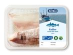 Havblå kullerfileter med skind (400g) i plastikemballage.