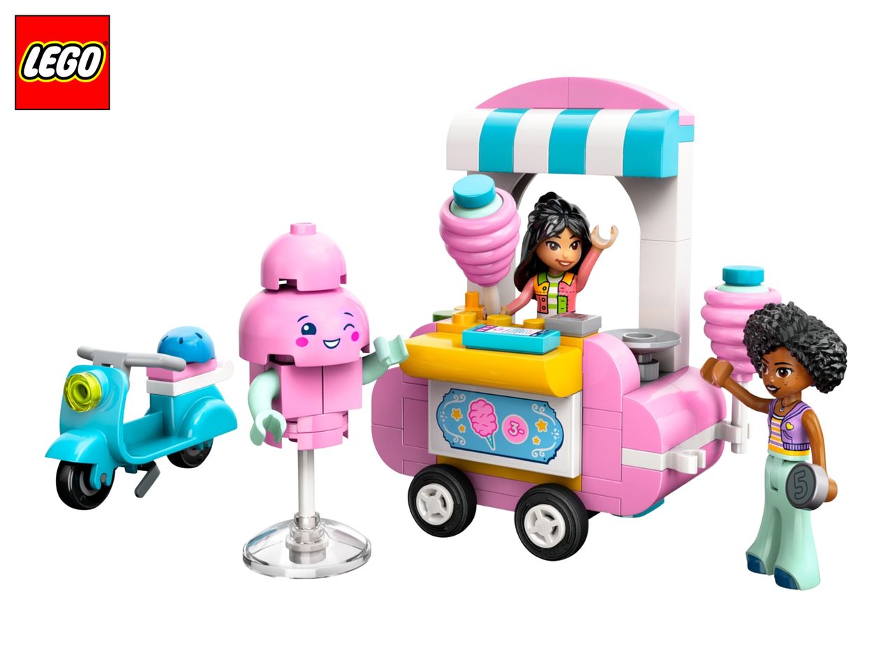 LEGO Friends cotton candy cart with two minifigures, a scooter, and a cotton candy mascot.