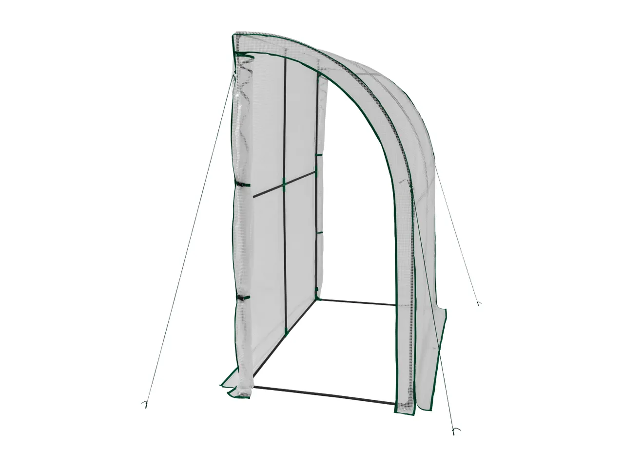 Lean-to greenhouse with a white mesh cover and green trim