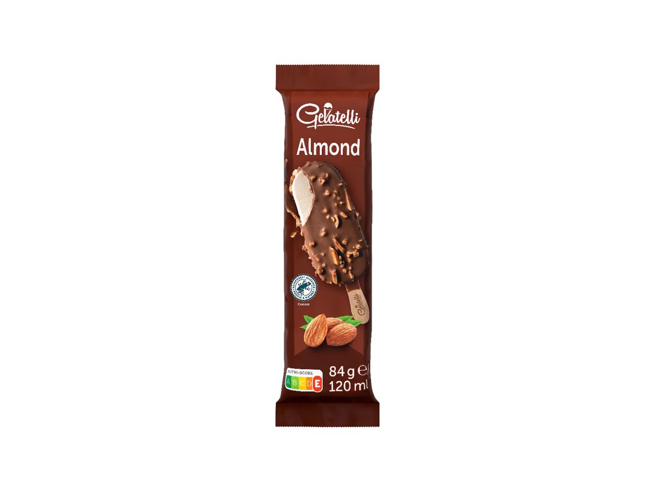 Gelatelli sladoled sa bademima, obložen čokoladom.