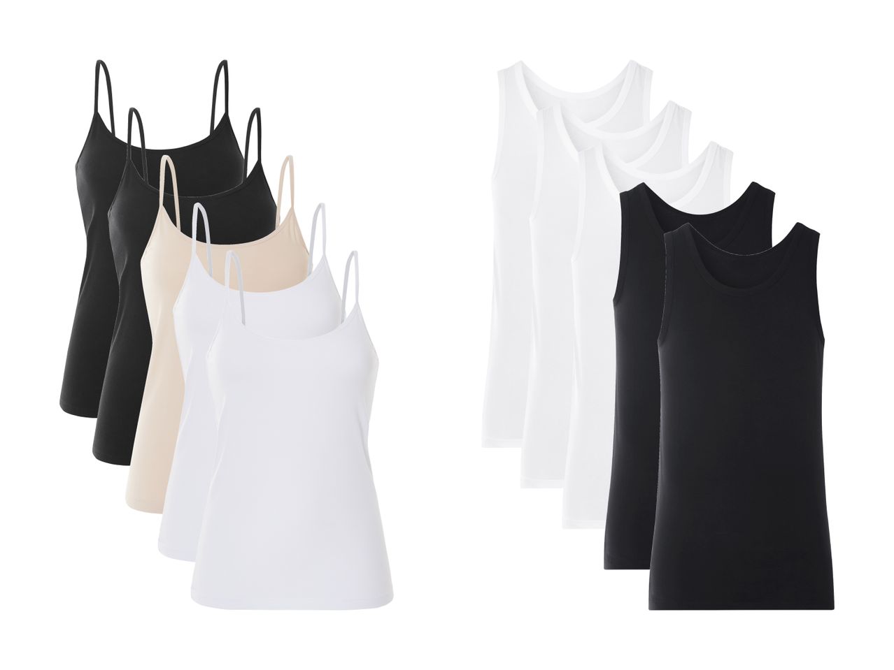 Sæt med tre forskellige farver af både spaghettitoppe og tanktops.