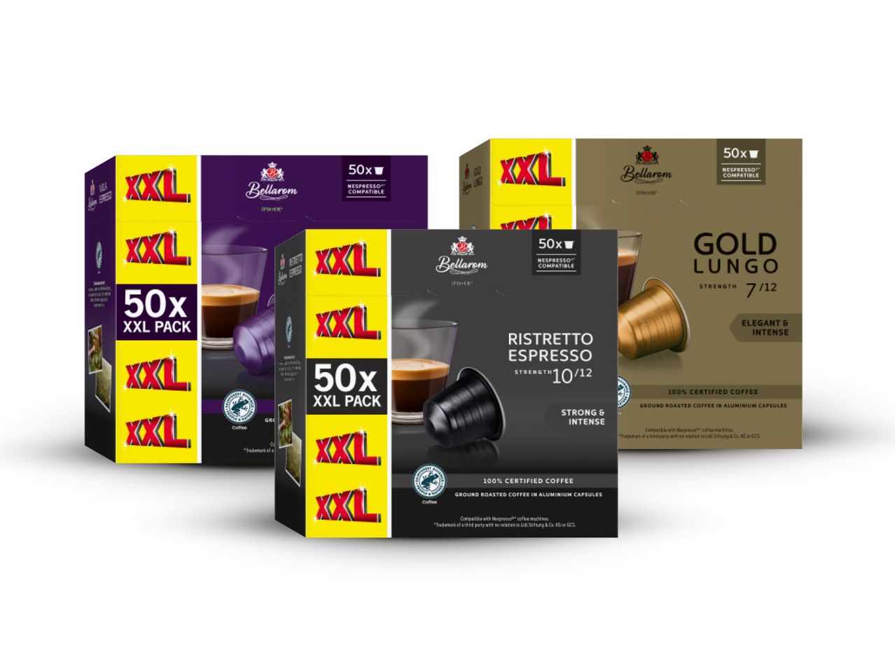 Tri kutije BellaRom kave u Nespresso kompatibilnim kapsulama: Ristretto Espresso, Gold Lungo i jedna nepoznata.
