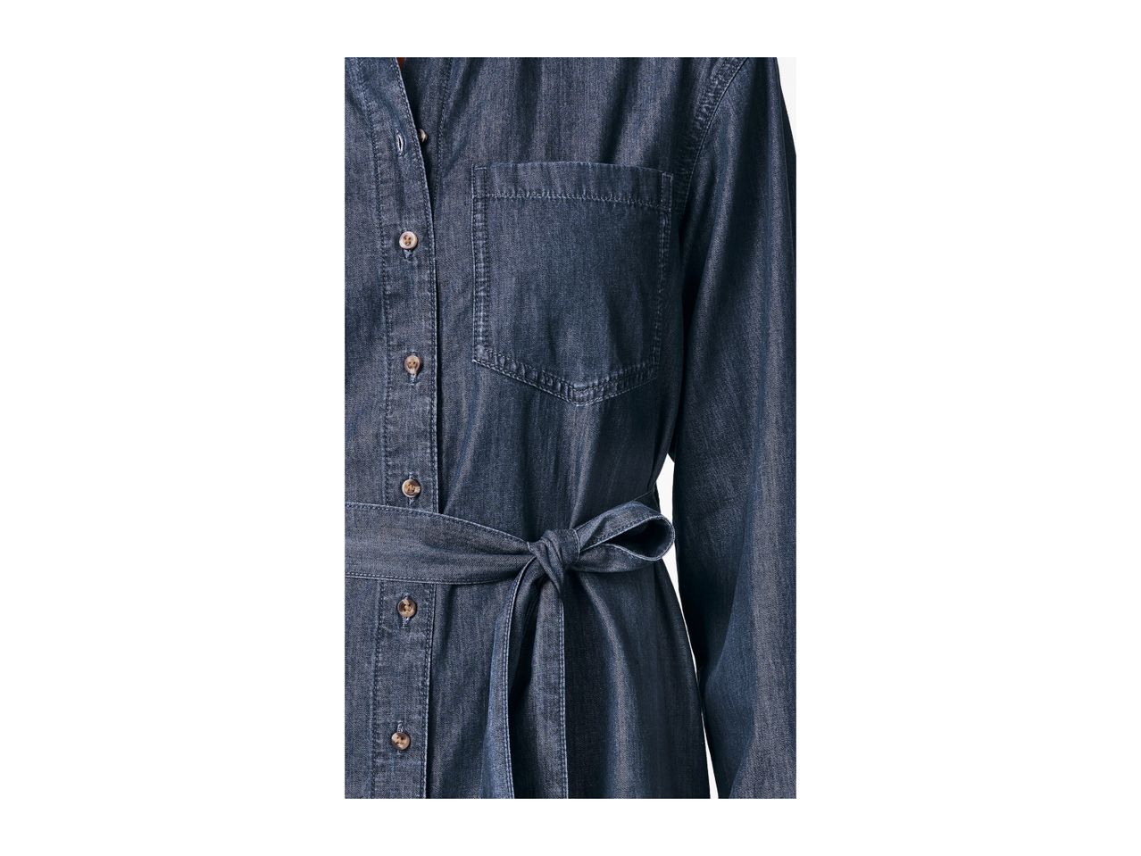 Close-up of a dark blue denim dress with a tied belt and buttons.