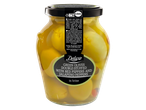 Lidl Deluxe žalios alyvuogės, įdarytos raudonaisiais ir jalapeño pipirais, sūryme.