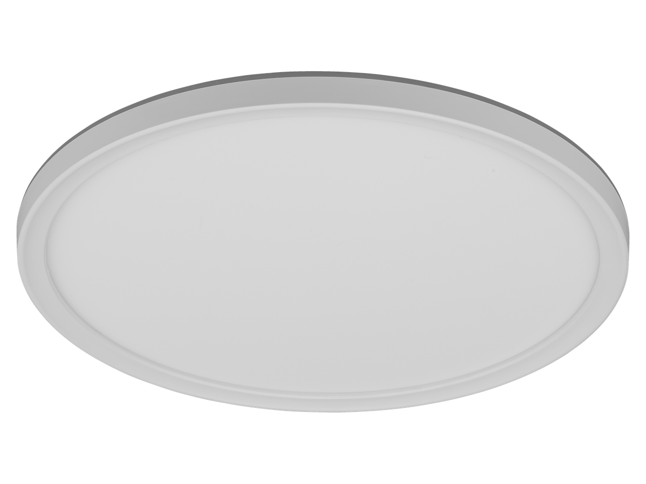 Candeeiro de teto LED redondo branco Livarno sobre fundo preto.